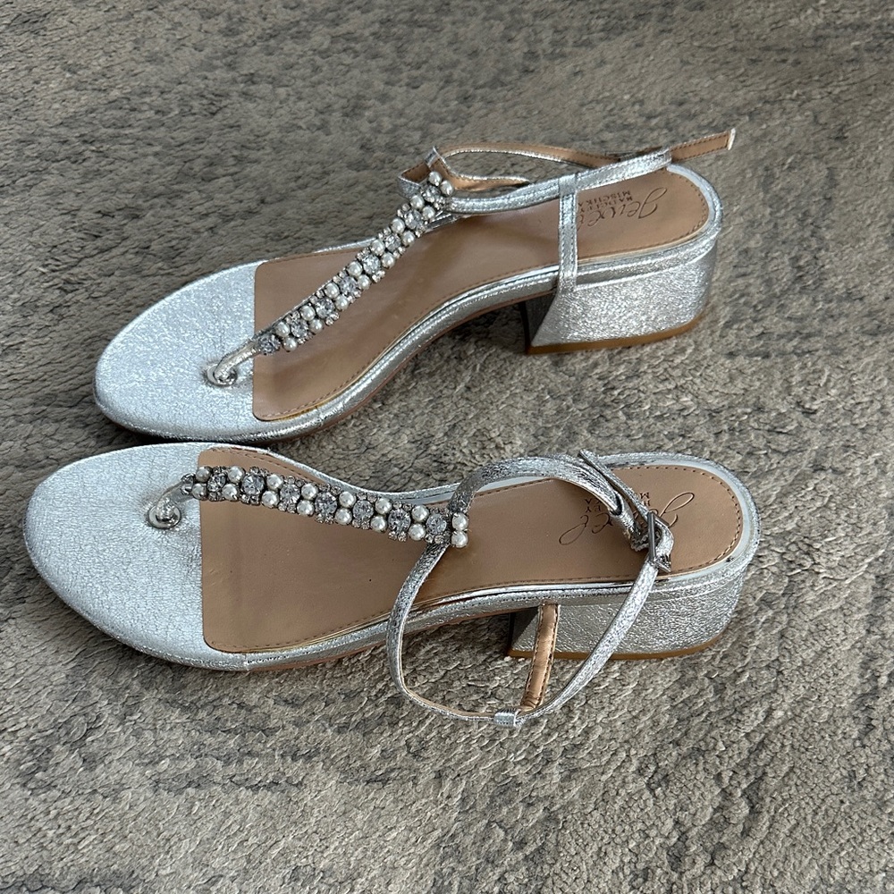 Badgley Mischka silver block heel crystal pearl sandals